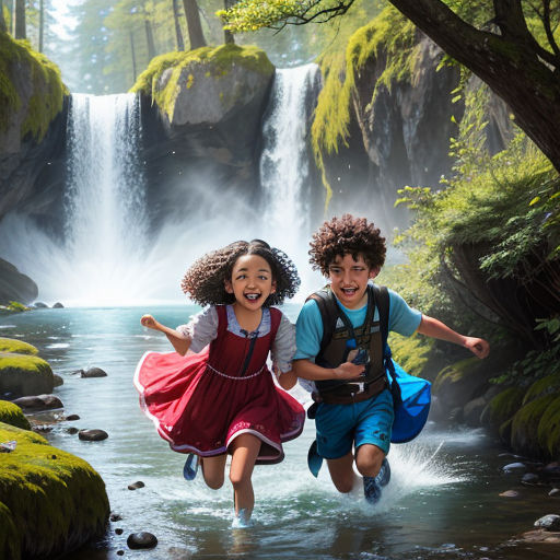 two children running through a stream in front of a waterfall with a waterfall in the background and a waterfall in the background