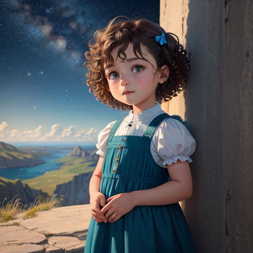 a little girl standing next to a wall with a sky background and stars in the sky above her head