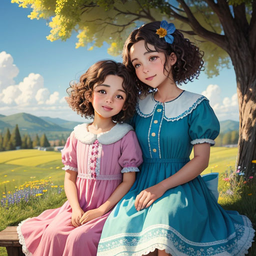 two young girls sitting on a bench in a field of flowers and trees, one of them is wearing a blue dress