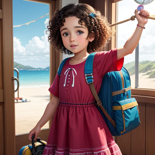 a little girl with a backpack and a backpack on her shoulder holding a rope and a backpack on her shoulder