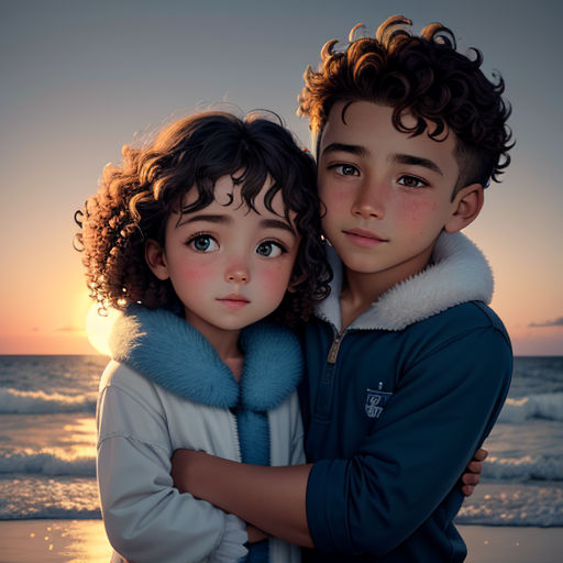 a boy and a girl hugging on the beach at sunset with the sun setting behind them and the ocean in the background