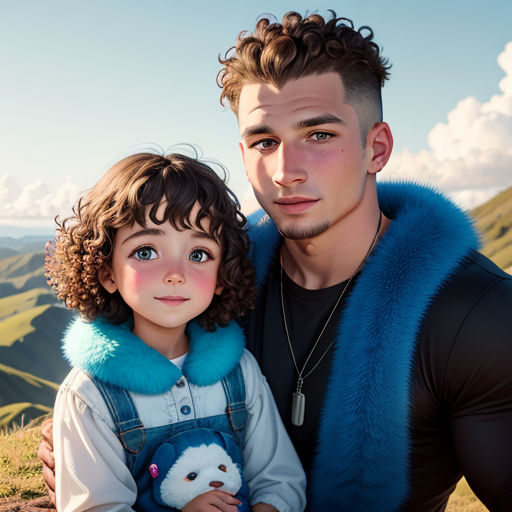 a man and a little girl posing for a picture in the mountains with a blue fur collar on their shoulders