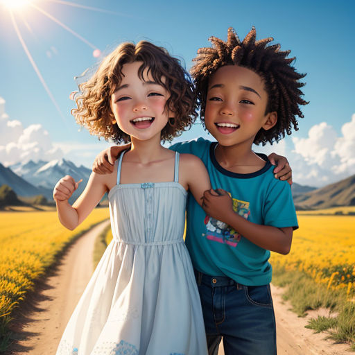 two children standing on a dirt road in a field of flowers and grass with the sun shining on them