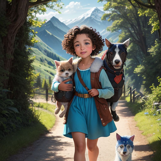 a girl is walking down a path with two dogs and a horse behind her, and a dog is on the other side of the path