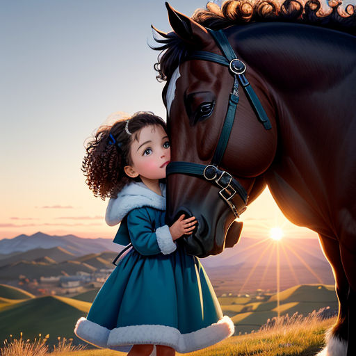 a little girl is hugging a horse in a field at sunset or sunrise time, with a horse in the background