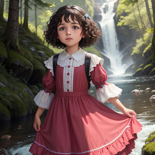 a young girl in a red dress standing in a stream in front of a waterfall with a waterfall in the background