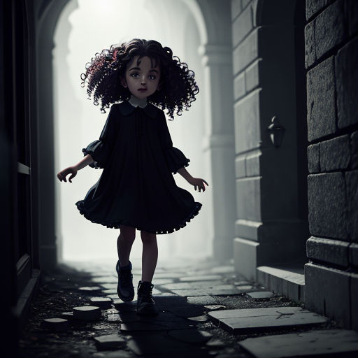 a little girl in a black dress is standing in a dark alley way with a light shining on her