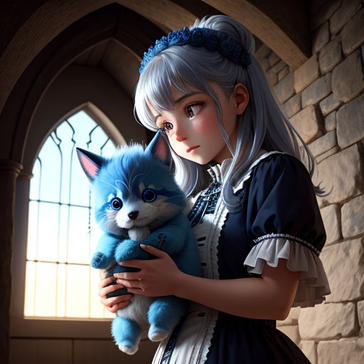 a girl holding a blue cat in her hands in front of a window with a brick wall and arched doorway
