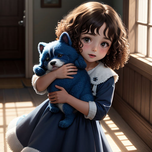 a little girl holding a blue stuffed animal in her arms and a window behind her is a door and a window