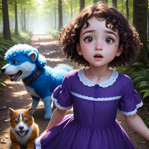 a little girl in a purple dress is walking a dog in the woods with a blue dog behind her