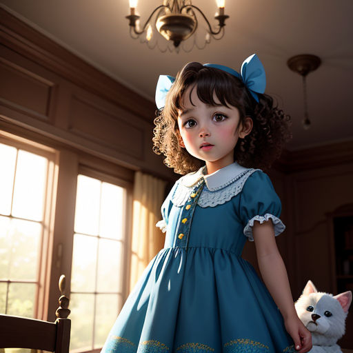 a little girl in a blue dress holding a white dog in a room with a chandelier and a window