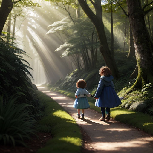two little girls walking down a path in the woods holding hands and looking at the sun shining through the trees