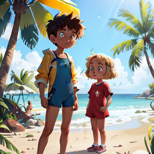 a boy and a girl standing on a beach next to the ocean with palm trees and a yellow umbrella