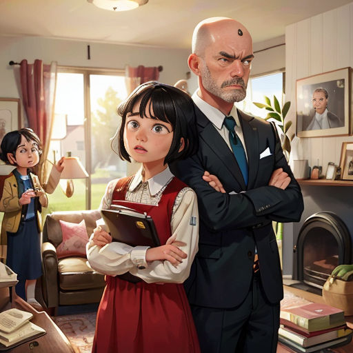a man and a woman standing in a living room with a book in their hands and a man in a suit and tie