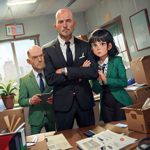 a man and two women standing in an office with boxes on the desk and a man in a suit