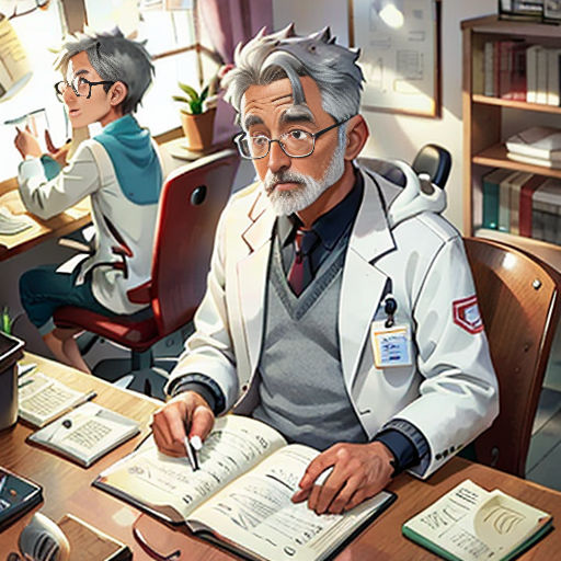a man sitting at a desk with a book and pen in his hand and another man in the background