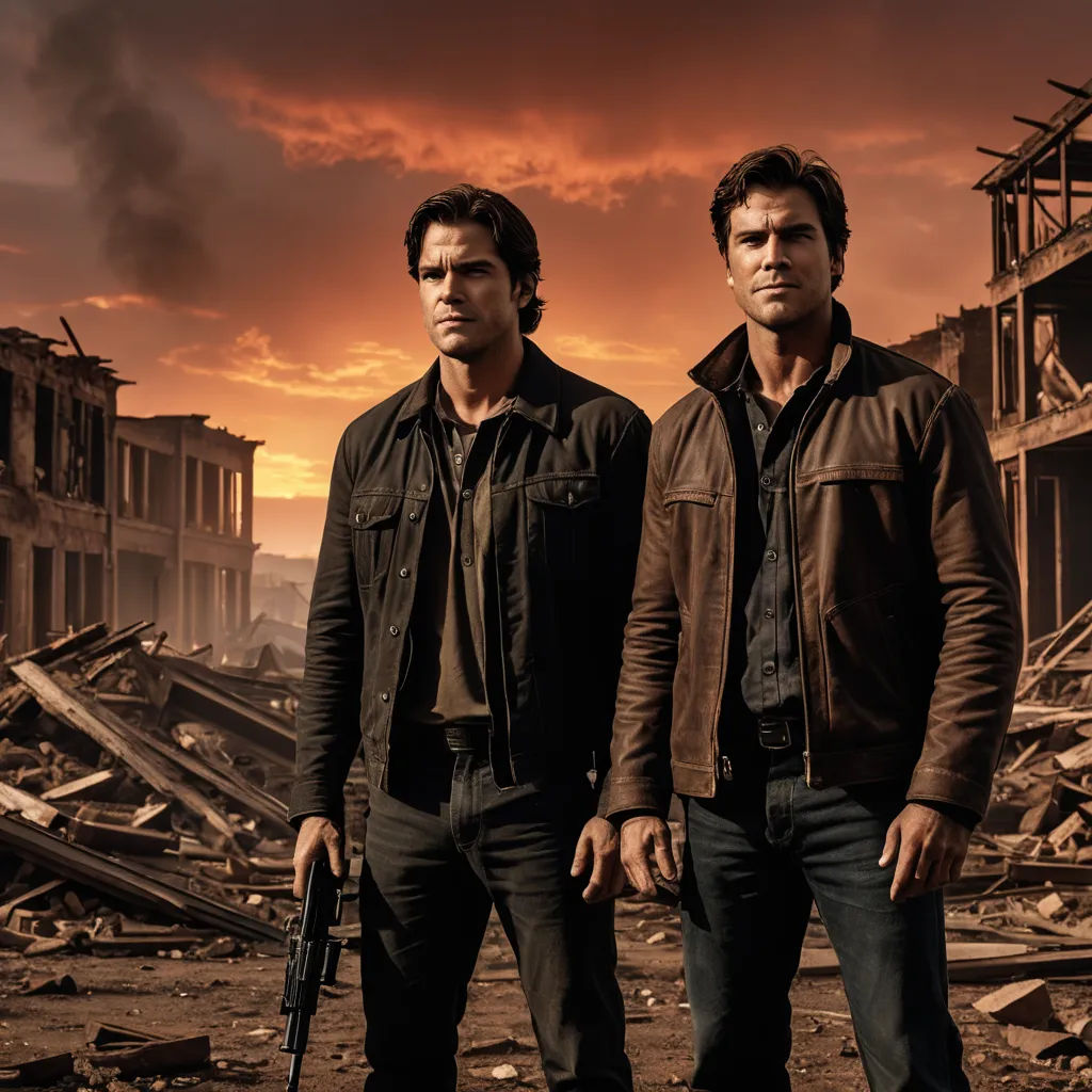 two men standing in front of a destroyed building with a gun in their hand and a sky in the background, international gothic, a poster, Eric Taylor, promotional image