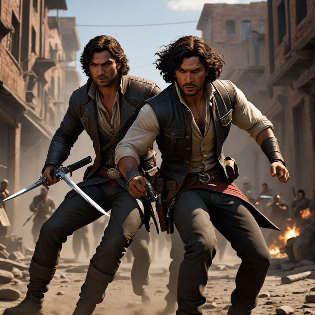 two men in historical costumes holding swords in a street with other men in the background in a scene from the movie, the lone soldier, antipodeans, concept art, Altoon Sultan, unreal engine 5
