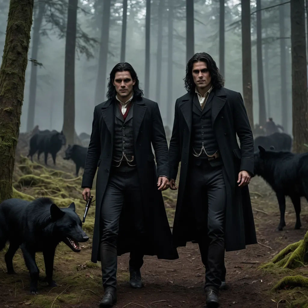 two men in long coats walking through a forest with black dogs in the foreground and a black dog in the background, international gothic, poster art, Edward Bailey, promotional image