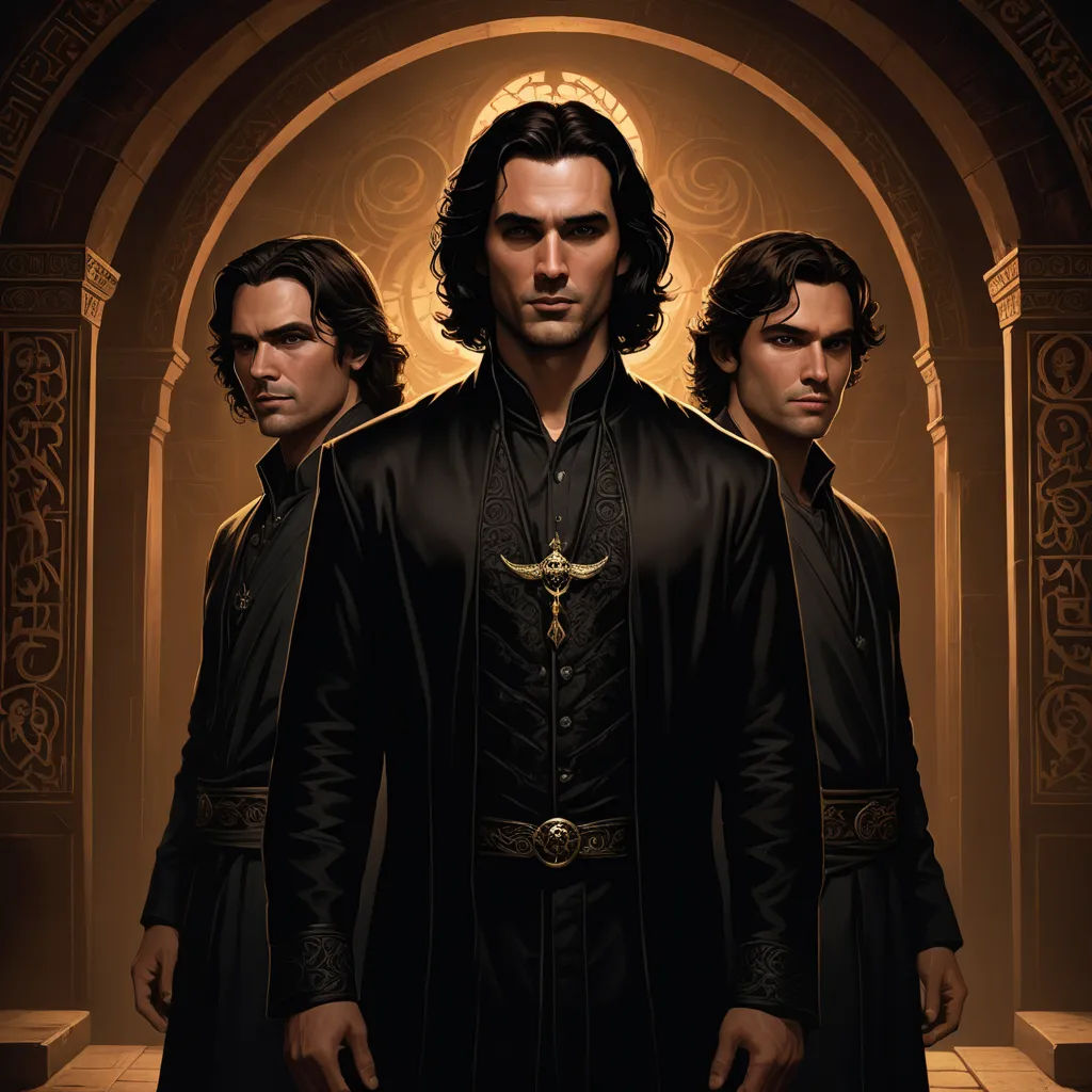 a painting of three men in black robes and a gold cross on their chest, standing in a hallway, gothic art, a character portrait, Brothers Hildebrandt, key art