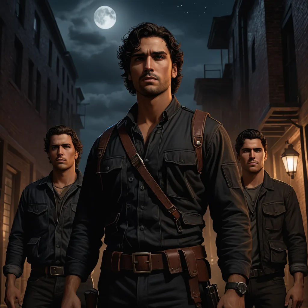 a group of men standing next to each other in a street at night with a full moon in the background, serial art, poster art, Brothers Hildebrandt, key art