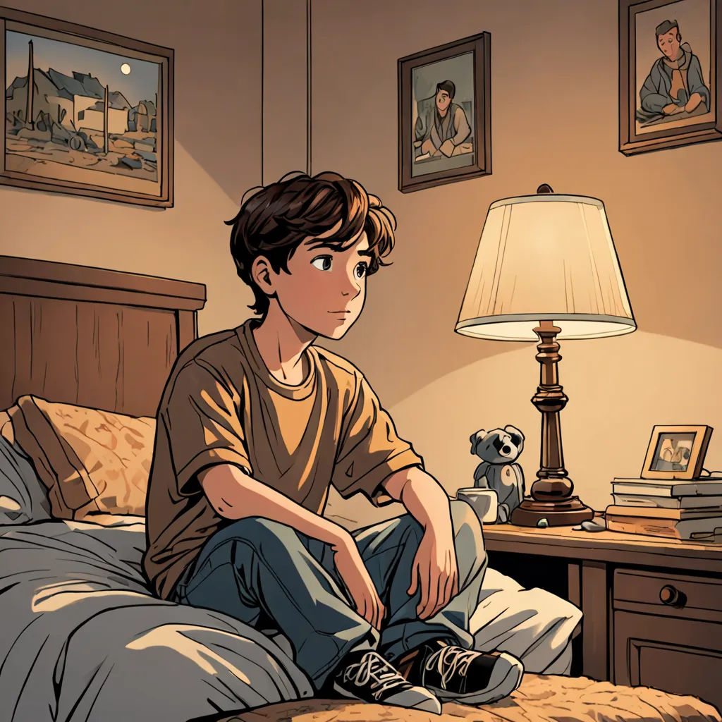 a boy sitting on a bed in a bedroom with a lamp on the nightstand and a teddy bear on the bed, serial art, a comic book panel, Diego Gisbert Llorens, graphic novel