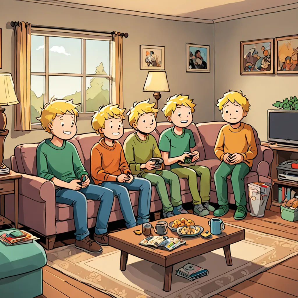a group of people sitting on a couch in a living room next to a tv and a table with a cup of coffee, computer art, a storybook illustration, Cliff Childs, video game