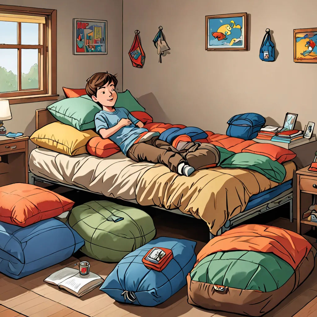 a boy laying on a bed surrounded by pillows and bean bags in a bedroom with a window and a desk, lyco art, a storybook illustration, Diego Gisbert Llorens, storybook illustration