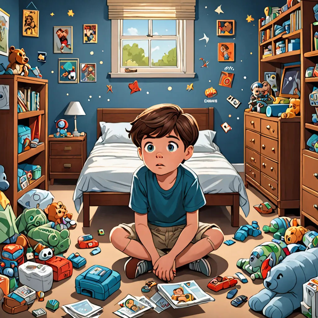 a boy sitting on the floor in a bedroom with toys all around him and a bed with a teddy bear on it, shock art, a storybook illustration, Diego Gisbert Llorens, 2 d game art