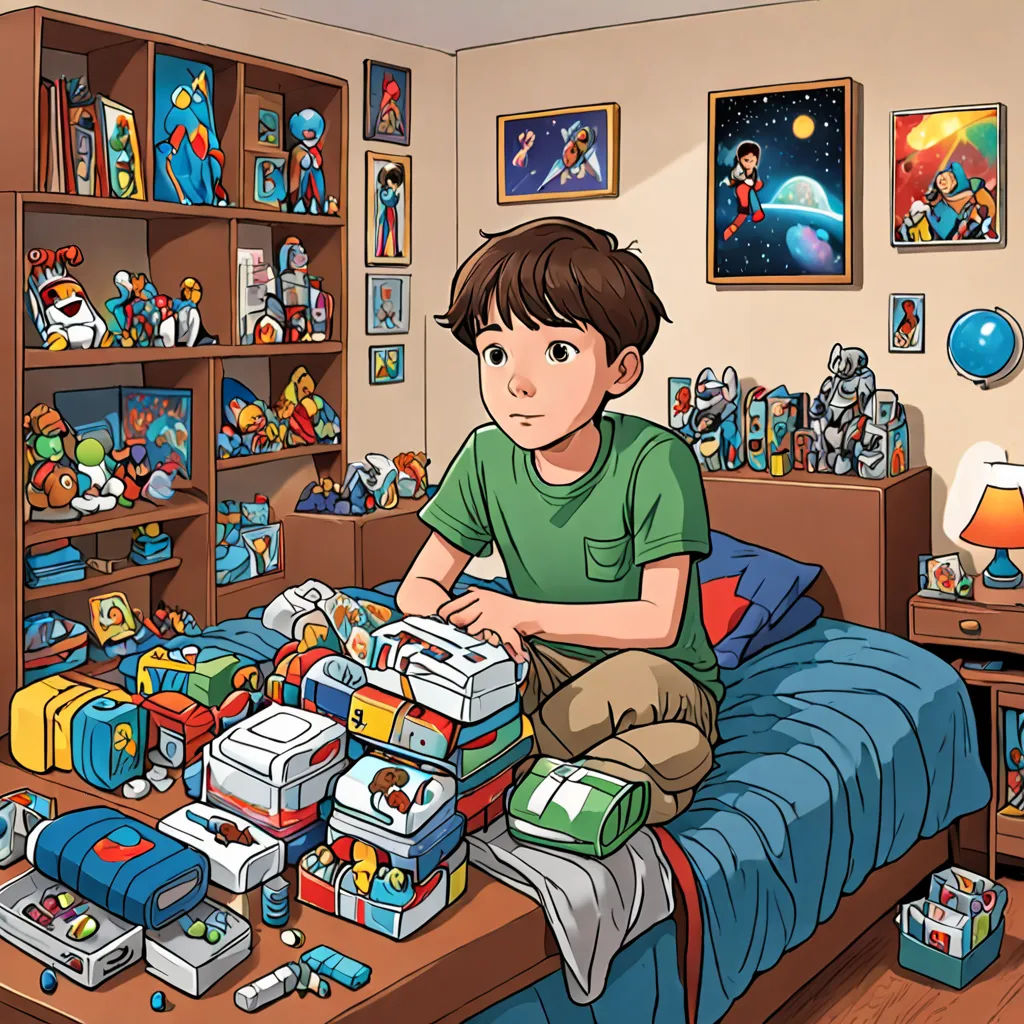 a boy sitting on a bed with a pile of toys in front of him and a shelf full of toys behind him, lyco art, a storybook illustration, Asaf Hanuka, 2 d game art