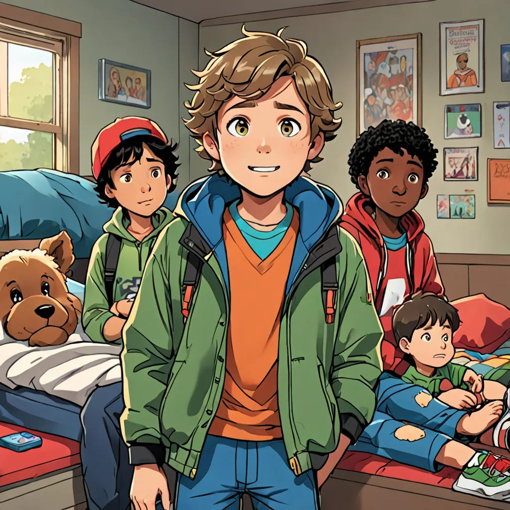 a boy standing in front of a bed with other children in the background and a teddy bear on the bed, sots art, a comic book panel, Cedric Seaut (Keos Masons), official art