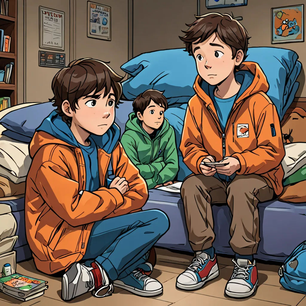 a group of people sitting on a couch in a room with a bed and a book shelf with books, sots art, a comic book panel, Adam Manyoki, official art