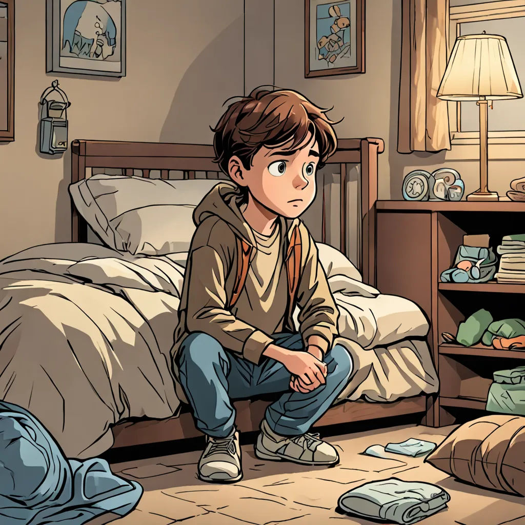 a boy sitting on a bed in a bedroom with a messy bed and a messy nightstand with a lamp, process art, a comic book panel, Diego Gisbert Llorens, rossdraws global illumination