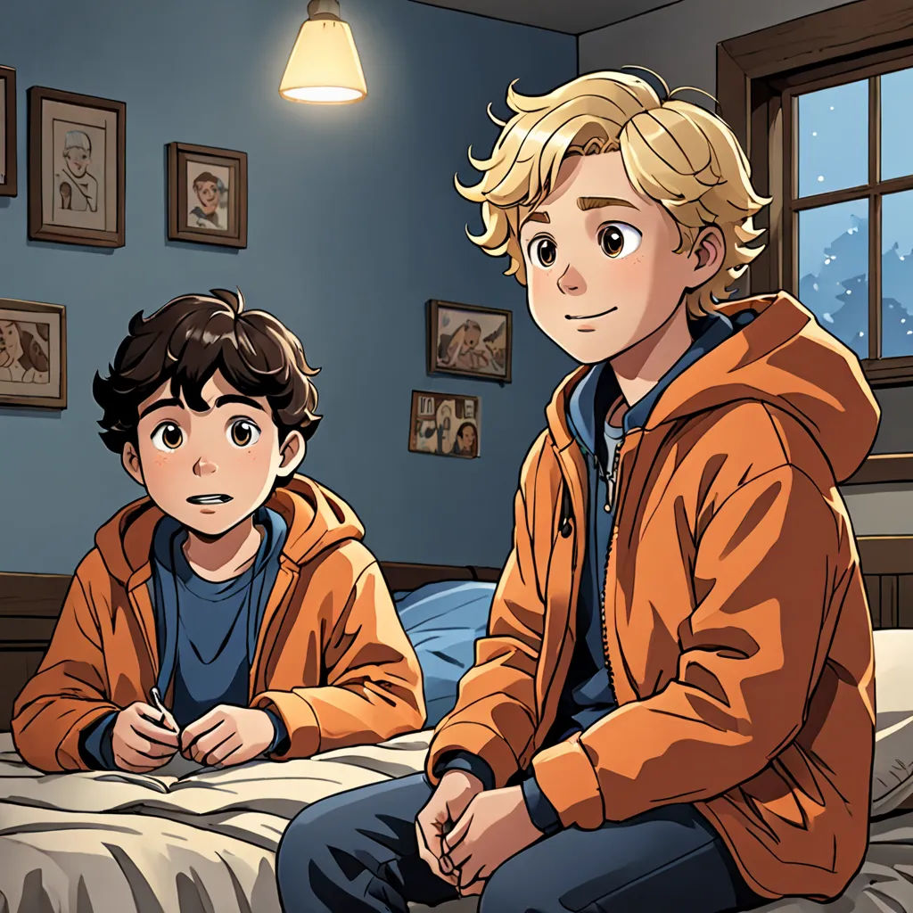 a boy and a boy sitting on a bed in a room with pictures on the wall and a lamp, sots art, a comic book panel, Brothers Hildebrandt, official art