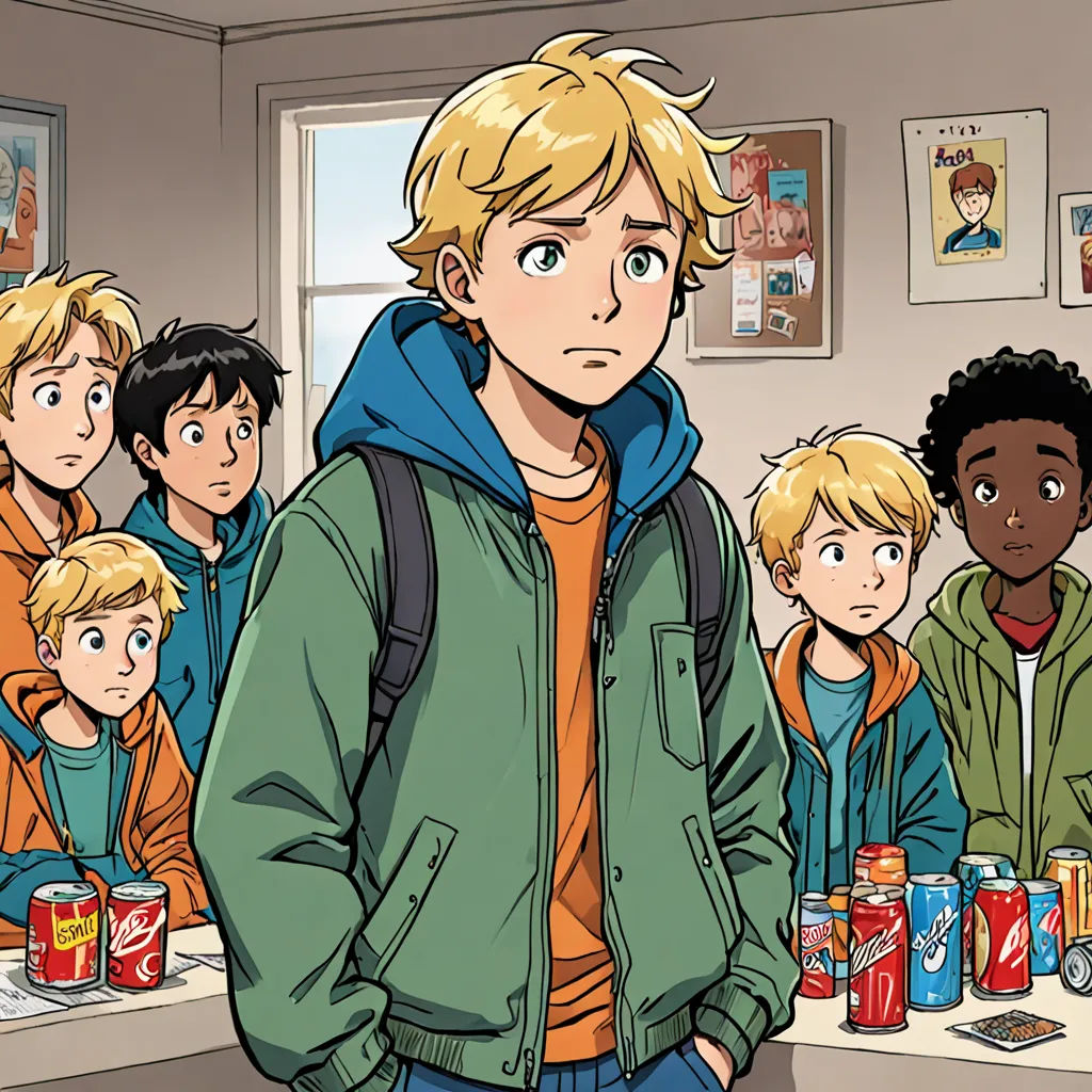a cartoon of a boy standing in front of a group of boys in a classroom with cans of soda, shock art, a comic book panel, Cedric Seaut (Keos Masons), official art