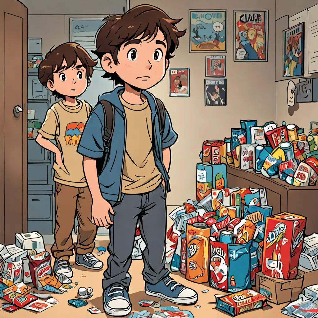 a boy and a boy standing in a room full of boxes of toys and books and a boy is looking at the floor, process art, a comic book panel, Asaf Hanuka, comic book
