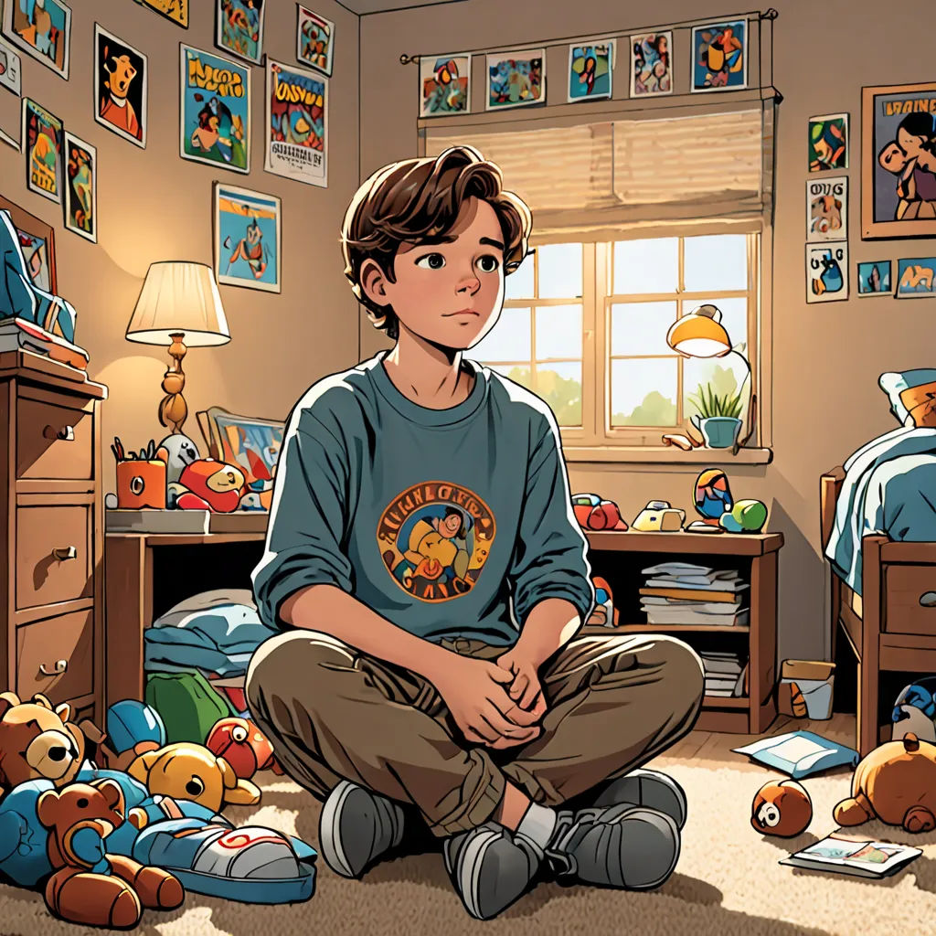 a boy sitting on the floor in a bedroom with toys all around him and a teddy bear on the floor, photorealism, a comic book panel, Aaron Jasinski, comic cover art