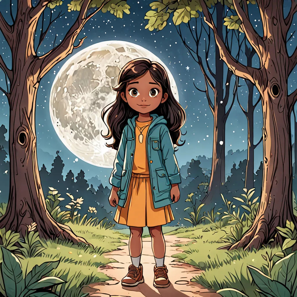 a girl standing in the middle of a forest with a full moon in the background and trees and grass, space art, a storybook illustration, Cliff Childs, comic cover art