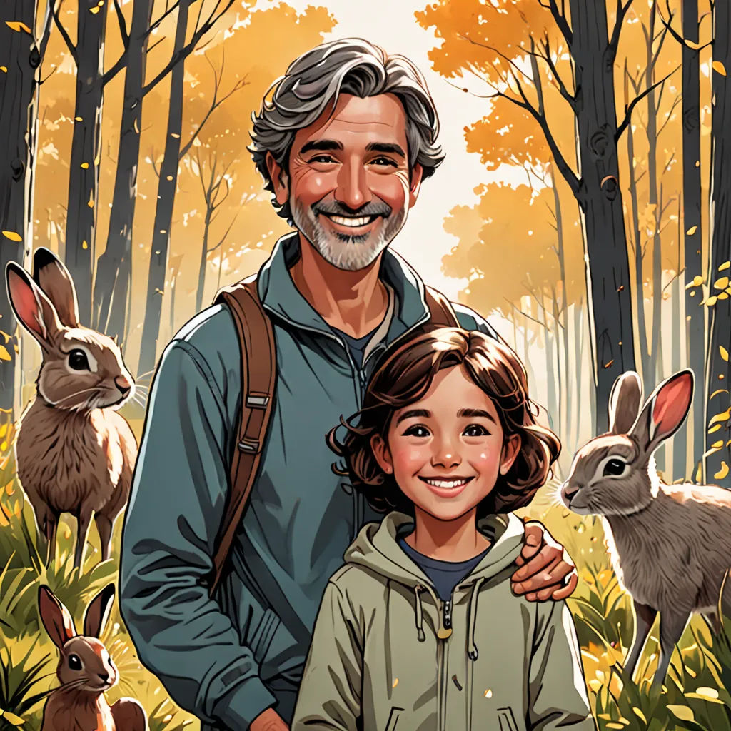 a man and a little girl standing in a forest with rabbits behind them and a forest scene behind them, furry art, a storybook illustration, Aaron Jasinski, comic cover art