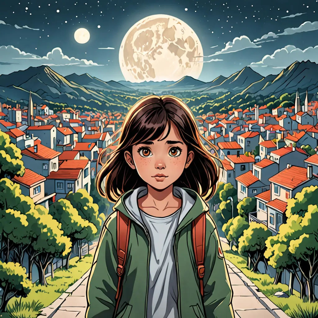 a girl standing in front of a city with a full moon in the background and a full moon in the sky, magical realism, a comic book panel, Asaf Hanuka, comic cover art