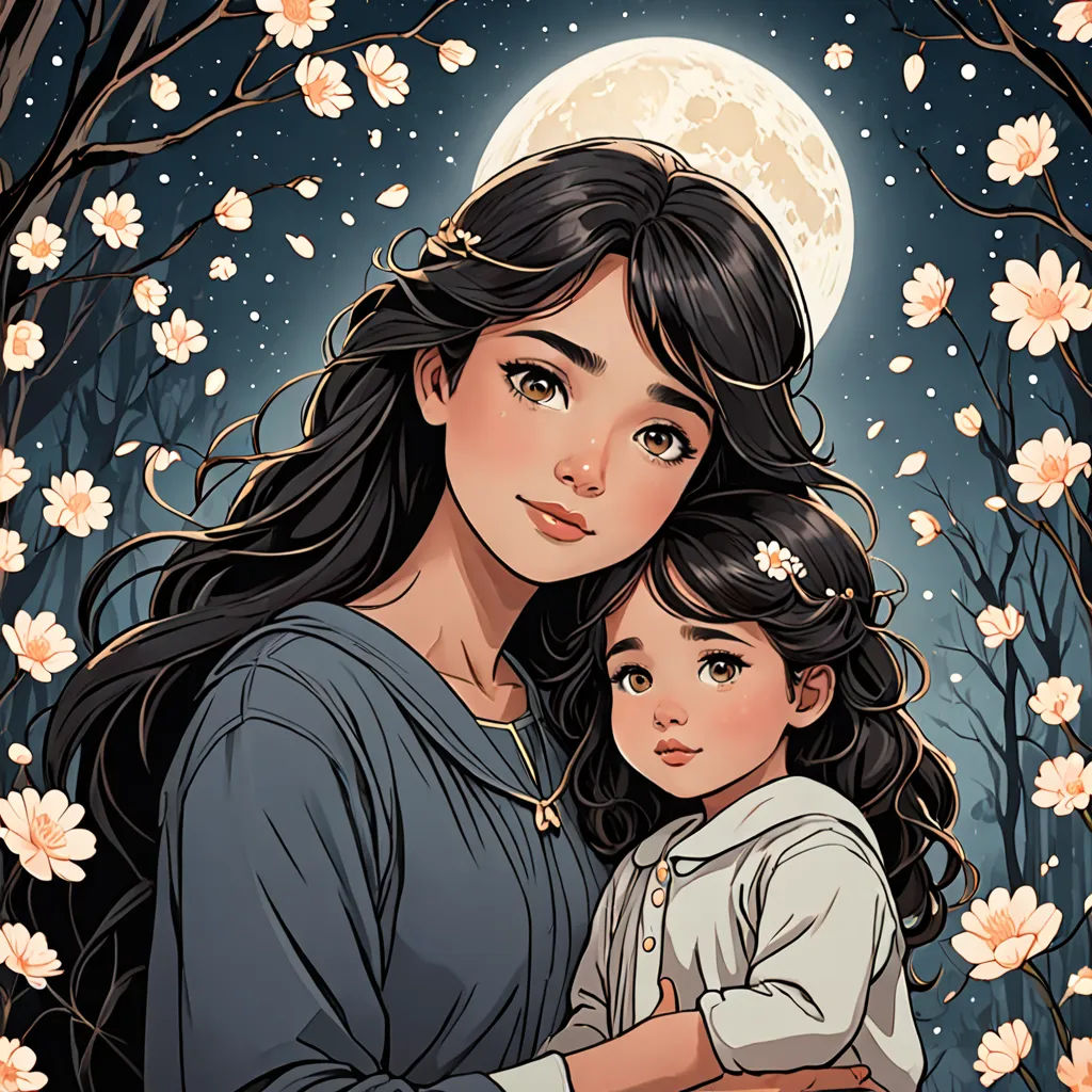 a woman holding a child in her arms in front of a full moon and flowers with a tree in the background, fantasy art, a storybook illustration, Artgerm, trending on art station