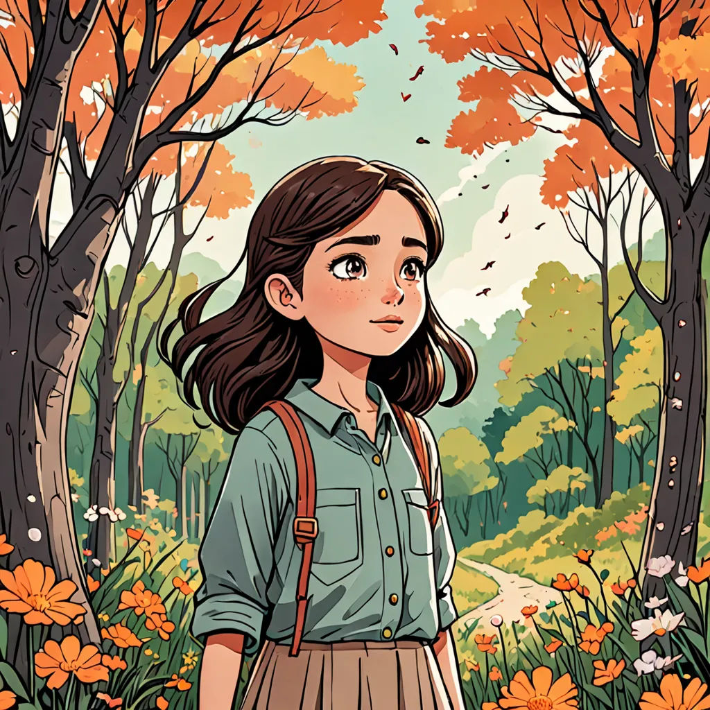 a girl standing in a forest with flowers and trees around her, looking at the camera with a serious look on her face, process art, a storybook illustration, Atey Ghailan, comic cover art