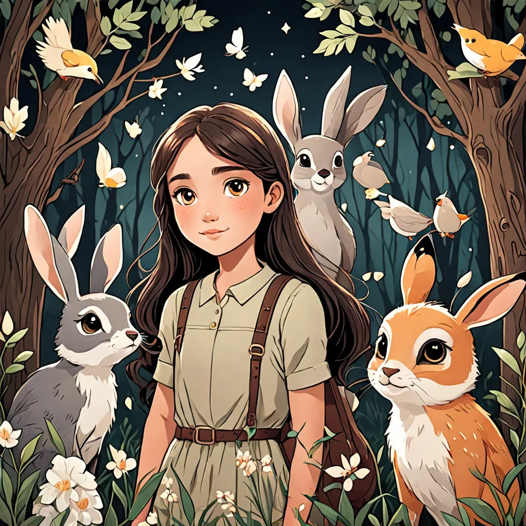 a girl standing in a forest with rabbits and birds around her and a forest scene behind her with a girl and rabbits, magic realism, a storybook illustration, Clarice Beckett, comic cover art