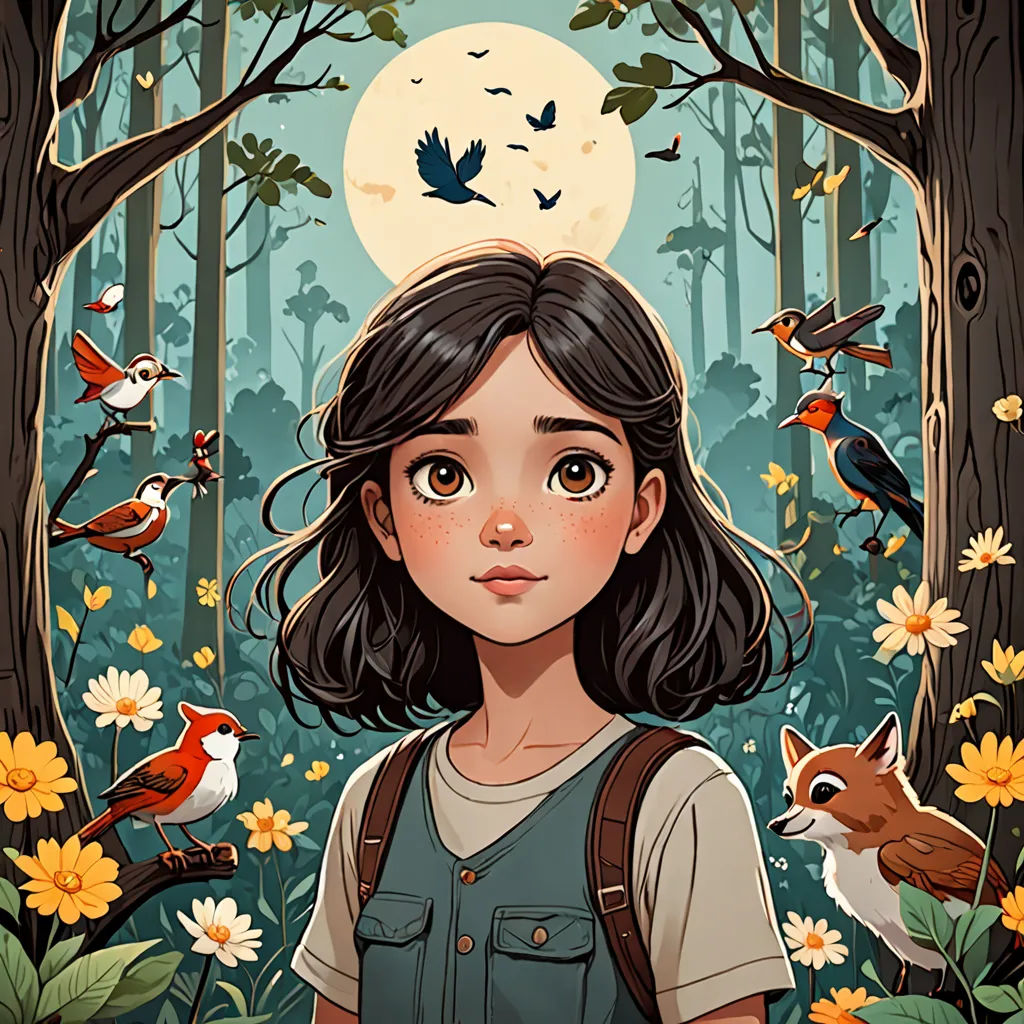 a girl standing in a forest with birds and flowers around her and a full moon in the background with a forest full of birds, fantasy art, a storybook illustration, Atey Ghailan, deviantart artstation