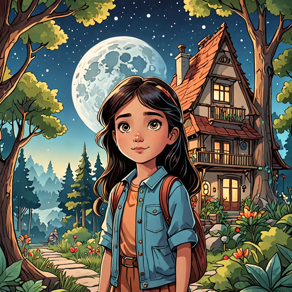 a girl standing in front of a house with a full moon in the background and trees and bushes around her, fantasy art, a storybook illustration, Cliff Childs, comic cover art