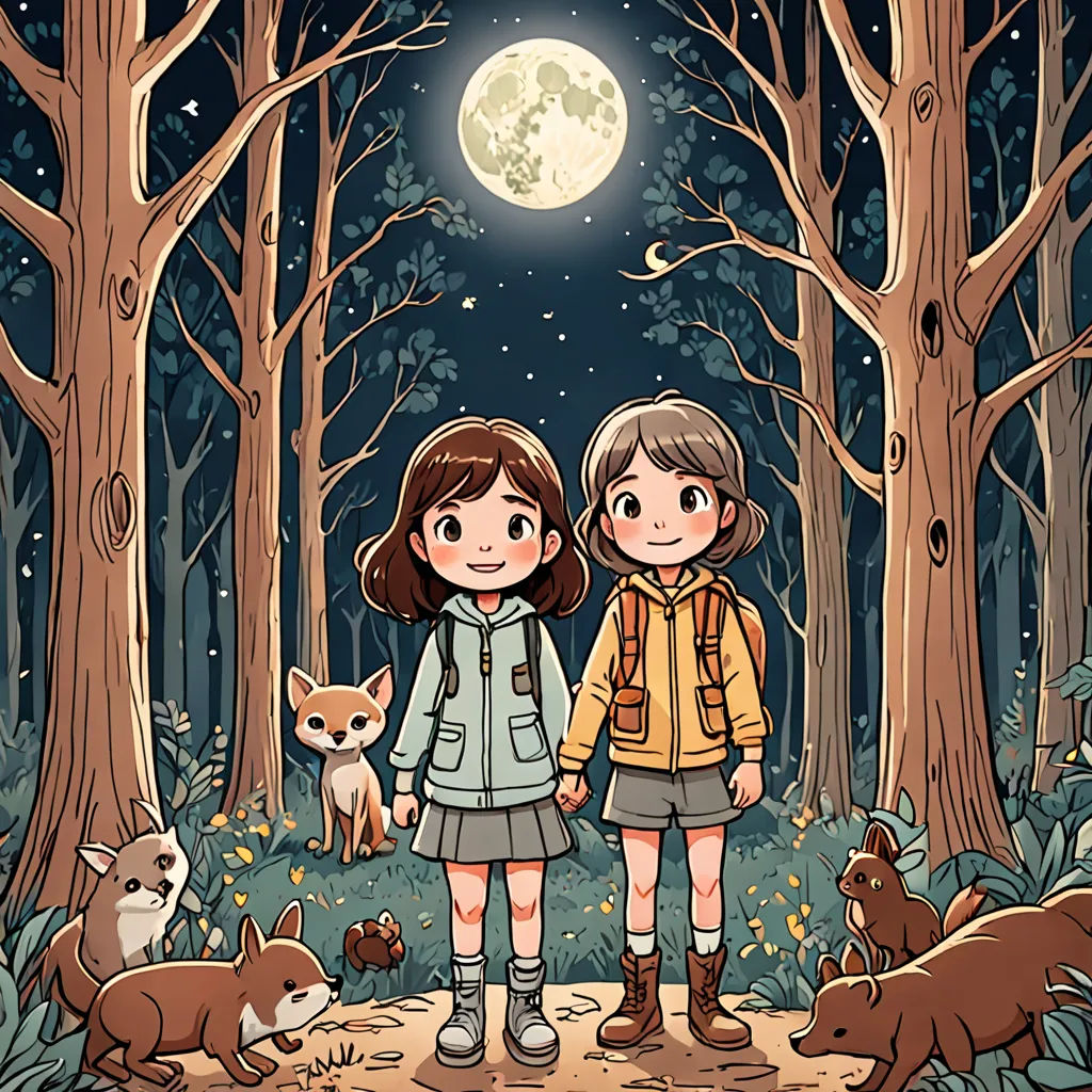 two girls standing in the woods with their dogs under a full moon and stars above them, with a forest scene in the background, space art, a storybook illustration, Choi Buk, comic cover art
