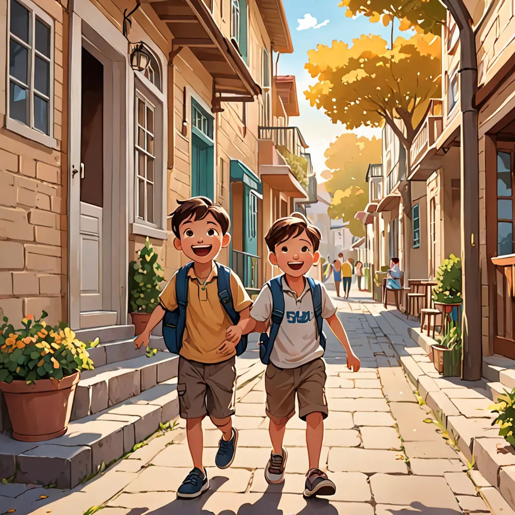 two children walking down a street in a cartoon style with a backpack on their back and a backpack on their shoulder, american scene painting, a storybook illustration, Brothers Hildebrandt, official art