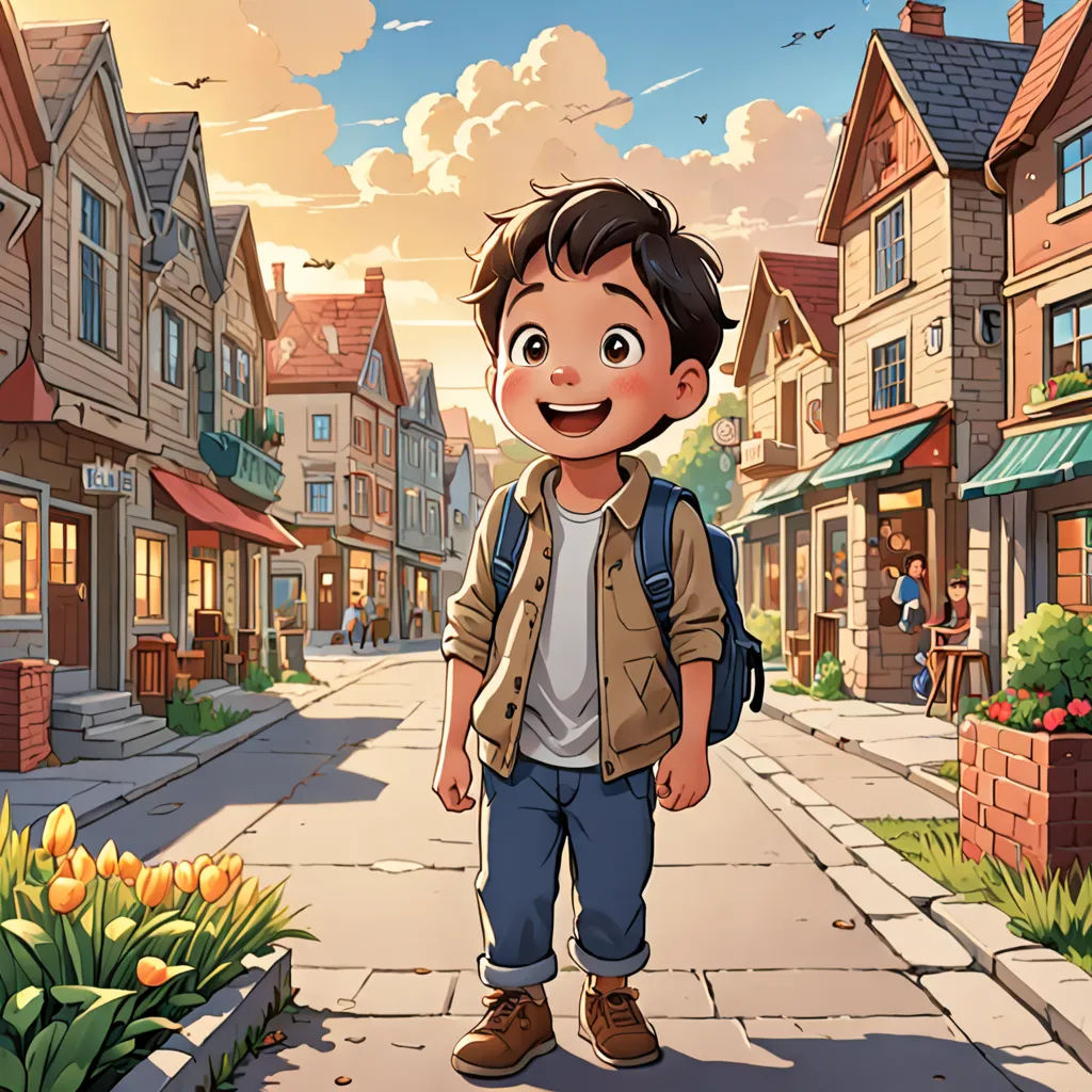a boy standing on a street in front of a row of houses with a bird flying overhead in the sky, american scene painting, a storybook illustration, Diego Gisbert Llorens, official art