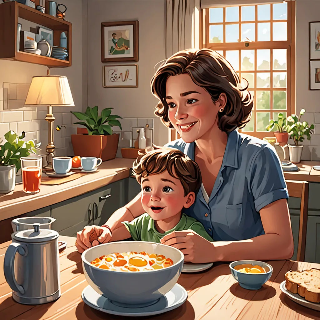 a woman and a child are sitting at a table with a bowl of soup in front of them and a coffee mug, american scene painting, a storybook illustration, Alejandro Burdisio, storybook illustration