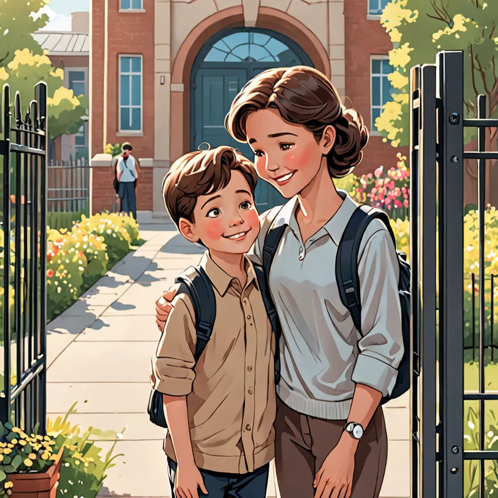 a woman and a boy are standing in front of a gate with a building in the background and a garden behind them, vancouver school, a storybook illustration, Alejandro Burdisio, graphic novel